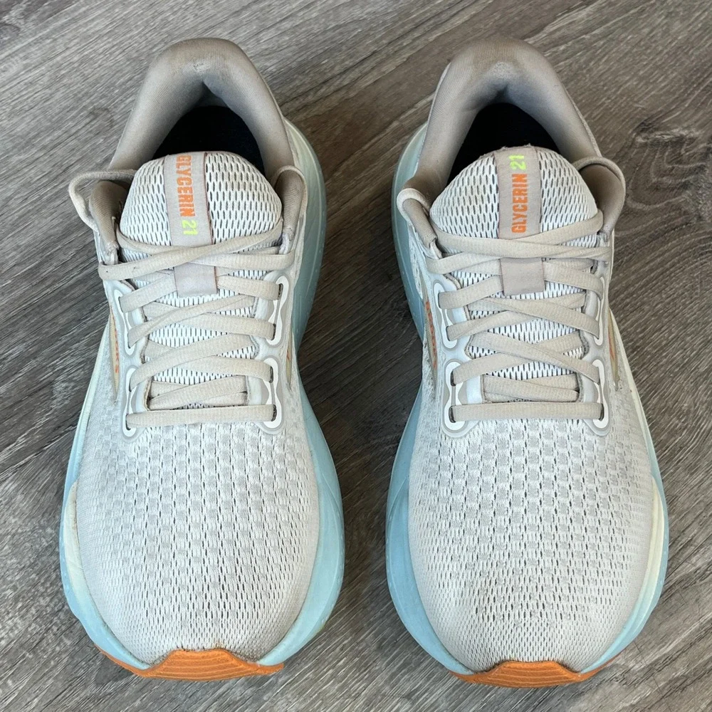 Brooks Glycerin 21 Womens Running Shoes Size 8.5 White Blue Orange 1204081B195